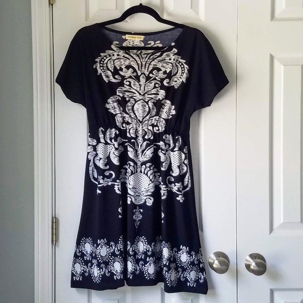 Navy Blue Patterned Cinch Dress